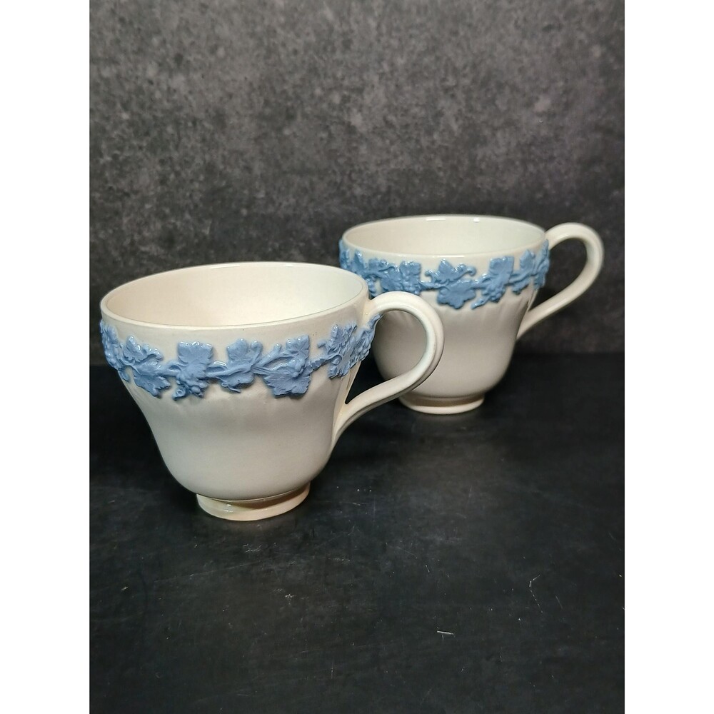 Wedgwood Queen’s Ware Blue on White Embossed Tea Cups Mixed Condition Pair 2.25”